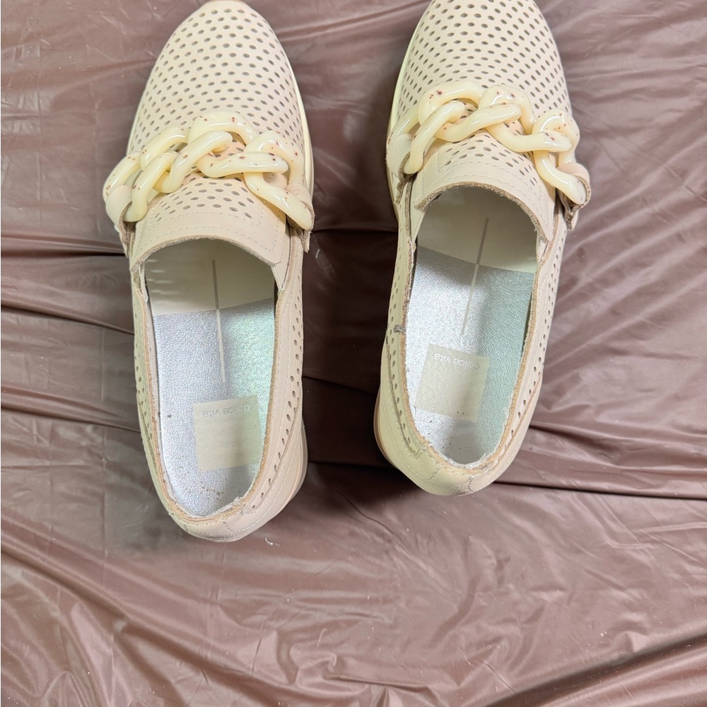 Dolce Vita Perforated Cream Loafers with Chain